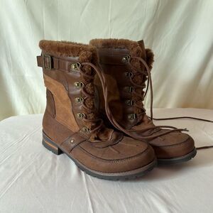 Rock & Candy Danlea Winter Boot Faux Suede Faux Fur Lace Up Mid Calf Brown 9.5